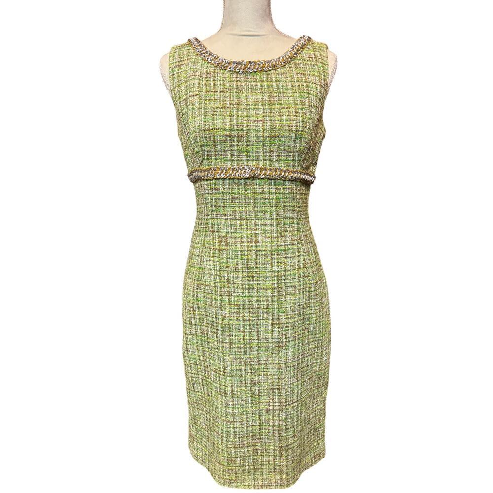 Dolce & Gabbana Vintage Green Tweed Sheath Dress Safety Pin Chain Trim